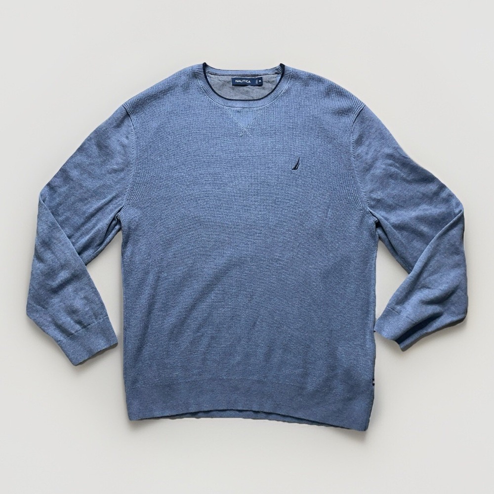 Vintage Nautica Sweater Men's 3XL Gray Blue Y2K Pullover Knit Preppy Embroidered
